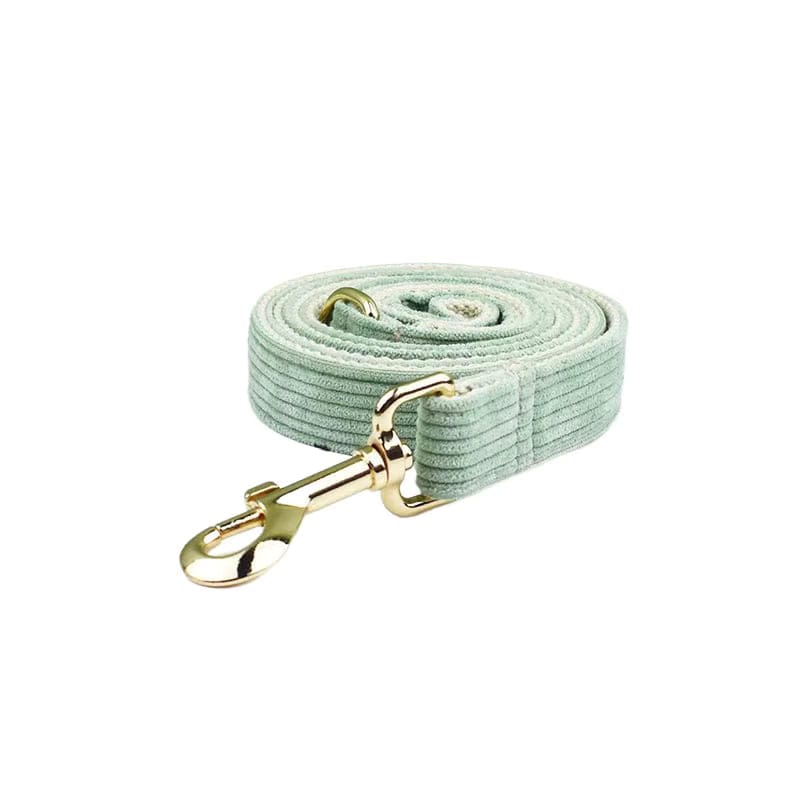 Light green corduroy pet leash roll with gold-tone clasp and swivel hook