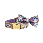Lilac floral dog bow collar with gold buckle and patterned fabric strap