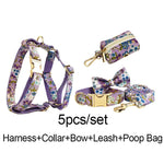 Lilac floral 5-piece dog set with harness, collar, bow, leash, and pouch
