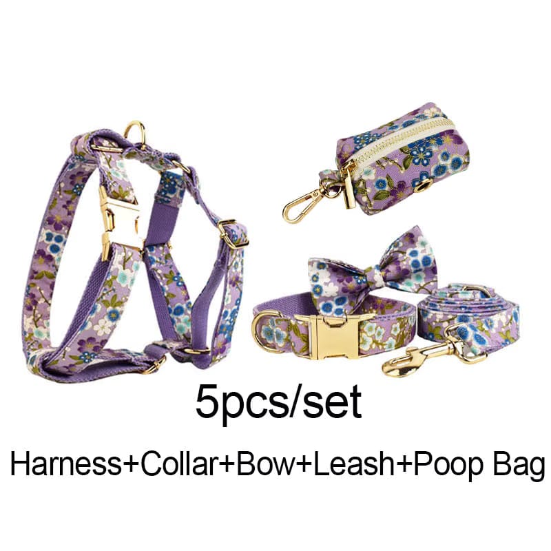 Lilac floral 5-piece dog set with harness, collar, bow, leash, and pouch