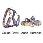 Lilac floral dog collar, bow, leash, and harness set with gold hardware