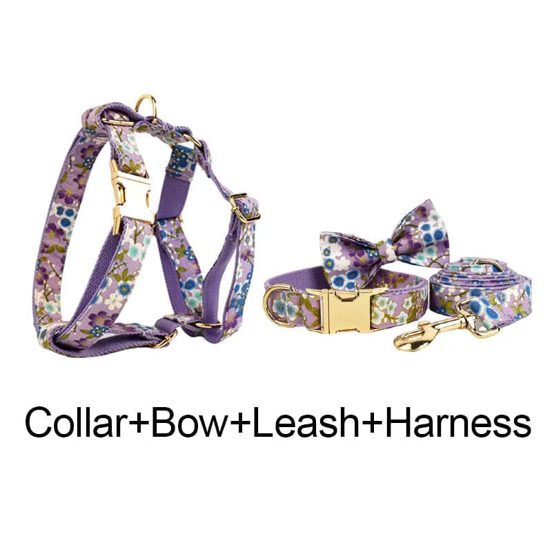 Lilac floral dog collar, bow, leash, and harness set with gold hardware