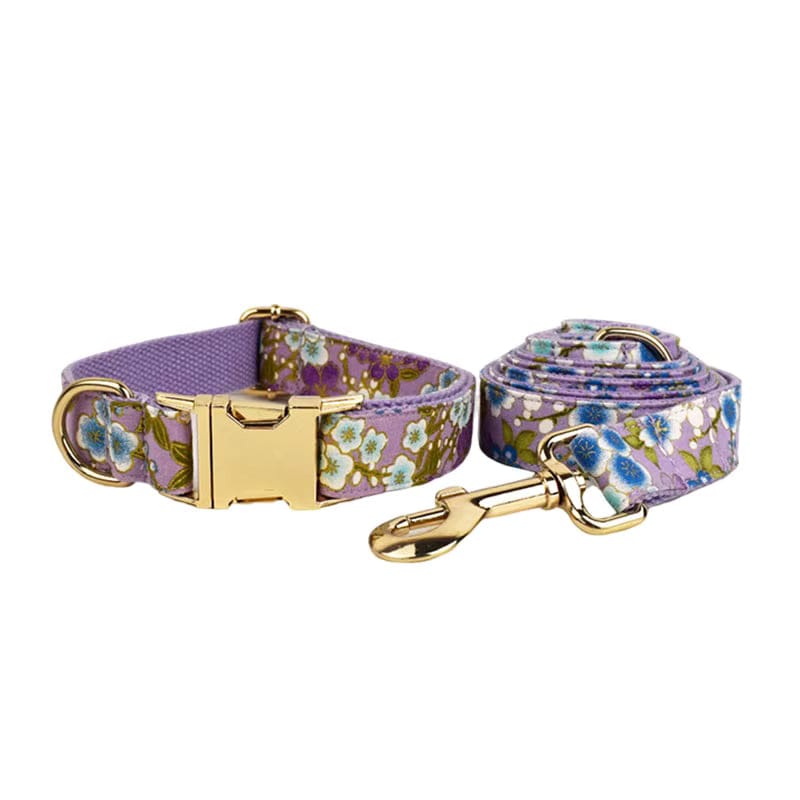 Lilac floral dog collar and leash set with gold buckle and clips