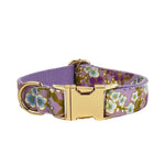 Lilac floral dog collar with gold clasp and D-ring hardware