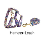 Lilac floral dog harness and leash set with gold clasps and straps