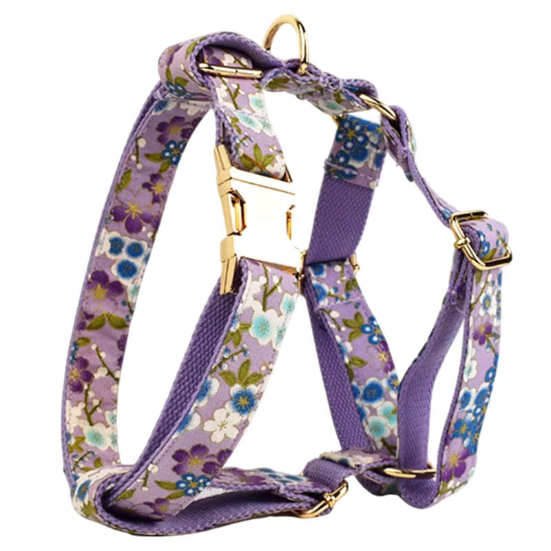 Lilac floral dog harness with gold hardware and adjustable straps