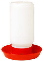 Plastic screw-on chicken waterer jar and base, white jar with red base