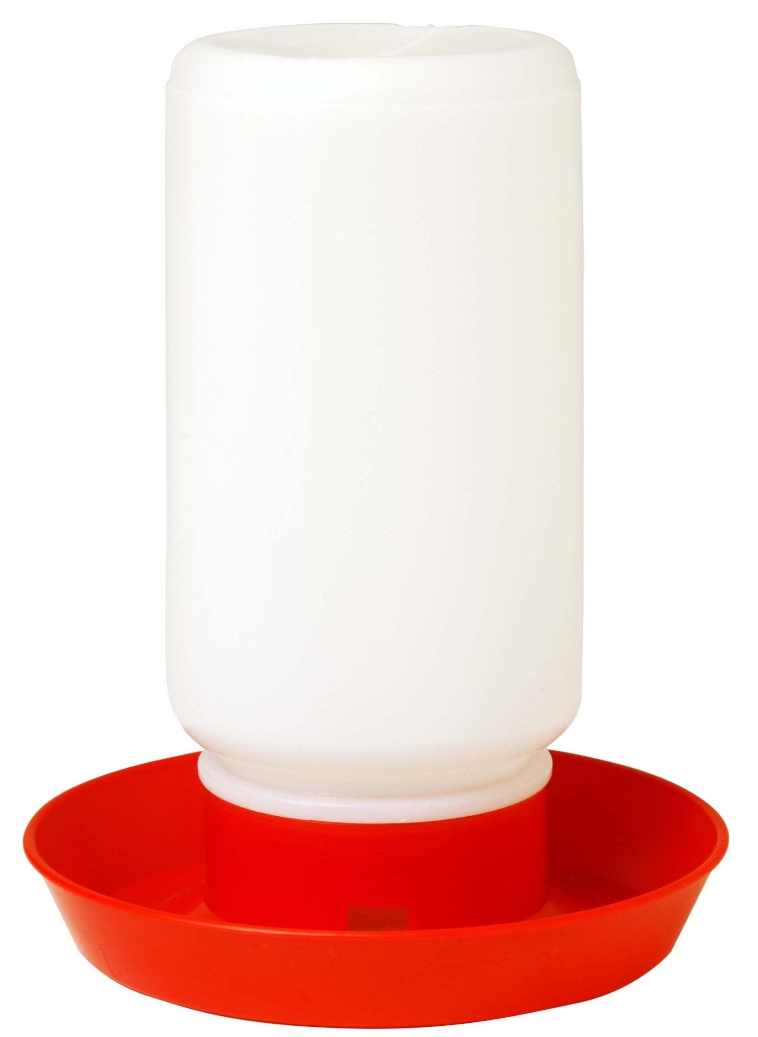 Plastic screw-on chicken waterer jar and base, white jar with red base