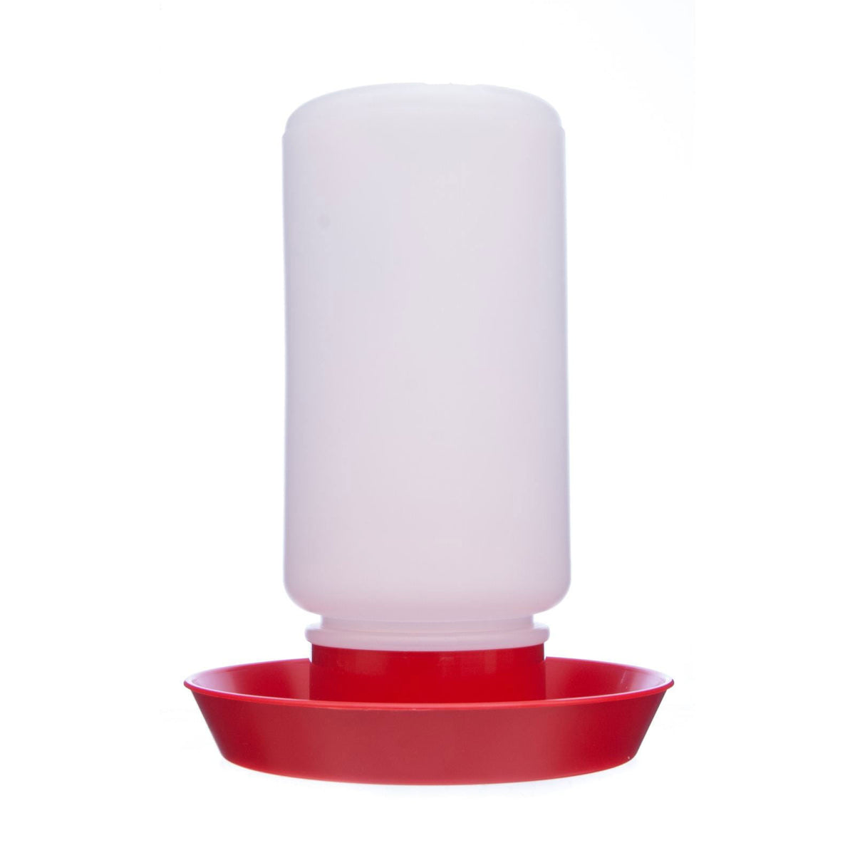 Plastic screw-on chicken waterer jar and base, light pink jar with red base