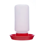 Plastic screw-on chicken waterer jar and base, light pink jar with red base