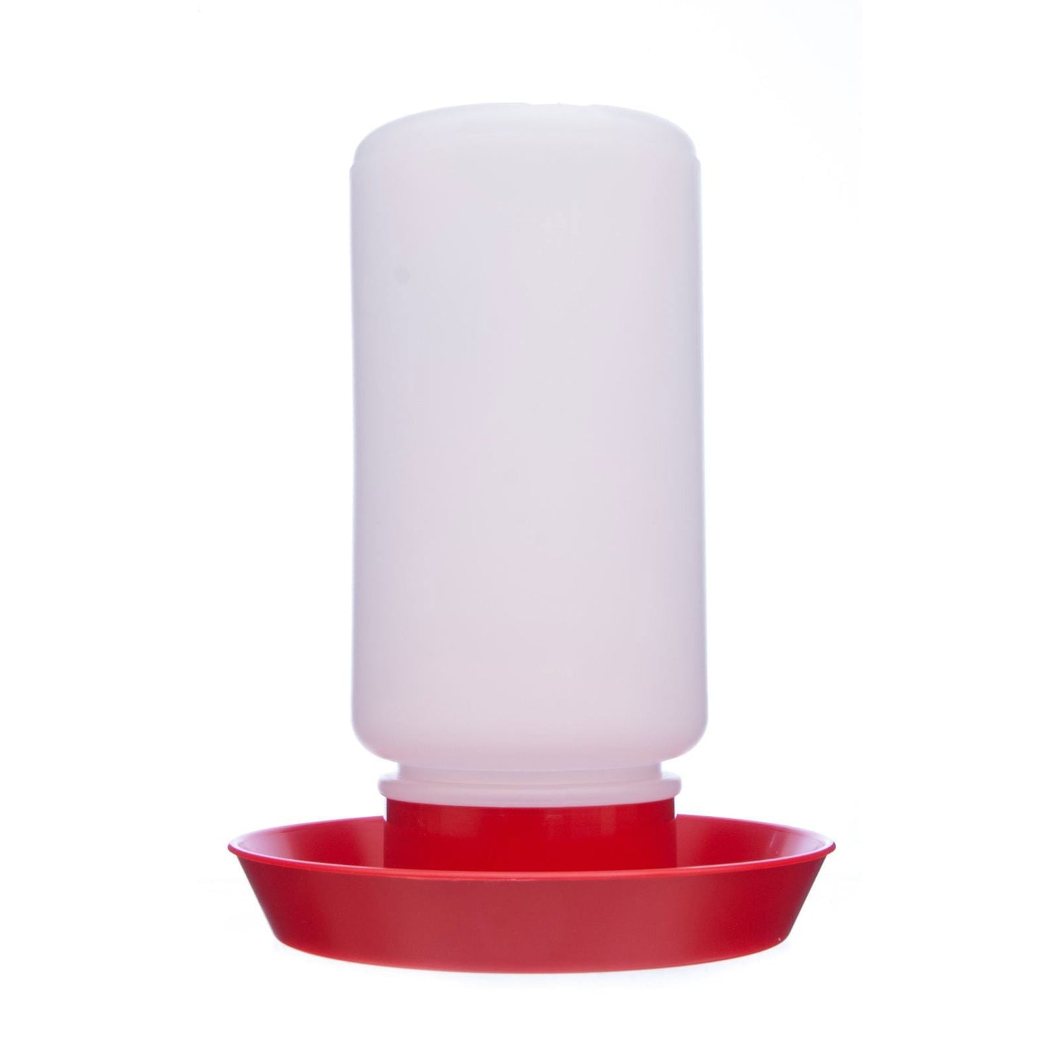 Plastic screw-on chicken waterer jar and base, light pink jar with red base
