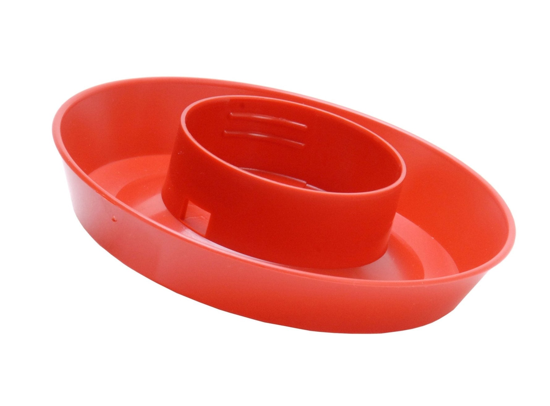 Plastic chicken waterer base, red with central raised stand