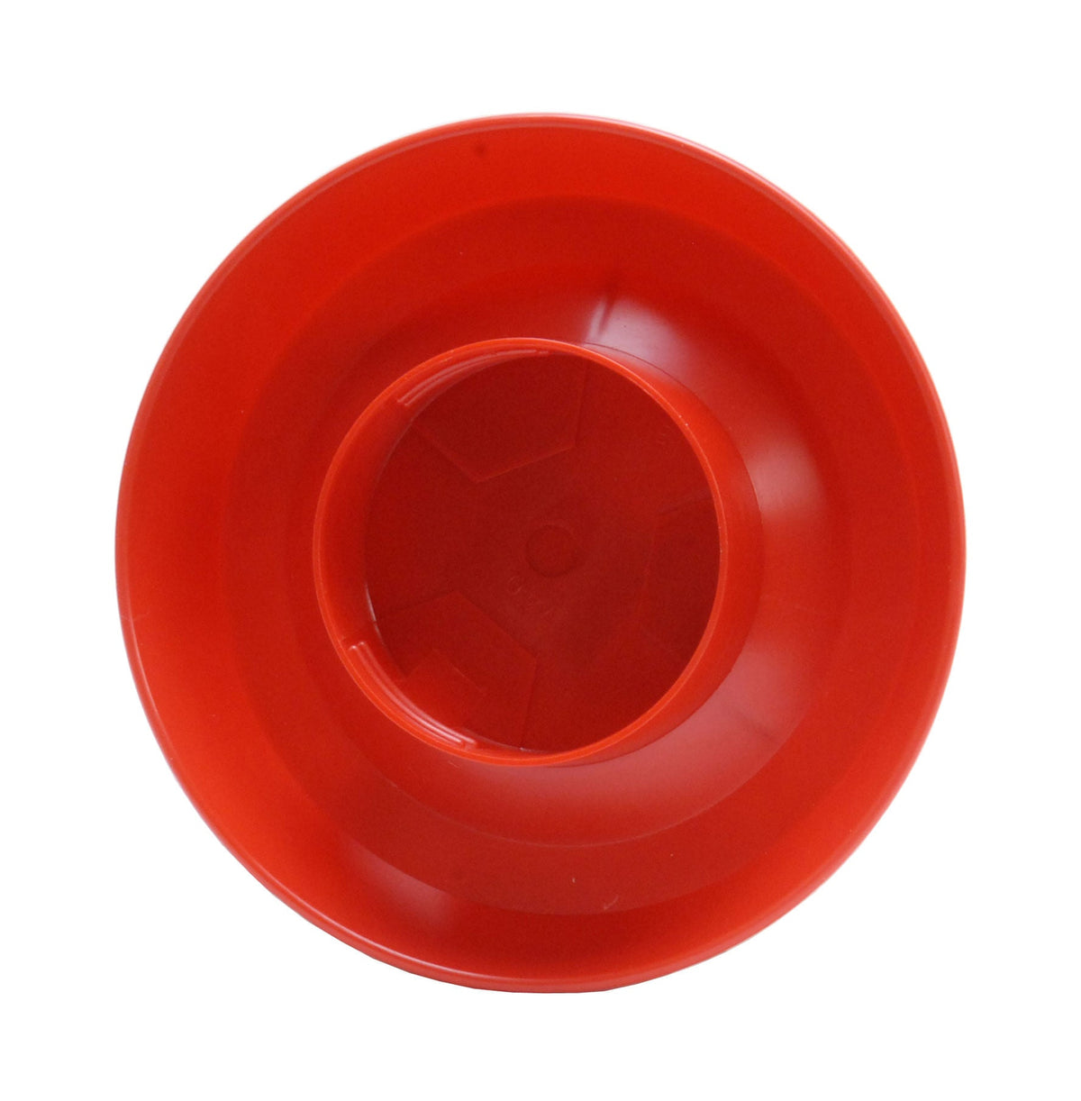 Plastic chicken waterer base, red round top view with central raised stand