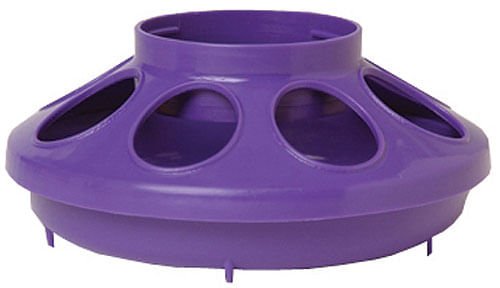 Purple plastic feeder and waterer base with raised rim and openings
