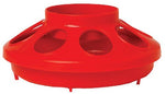 Red plastic feeder and waterer base with circular feeder openings