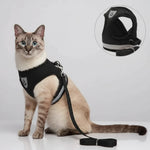Reflective cat harness and leash set in black, worn on a sitting cat