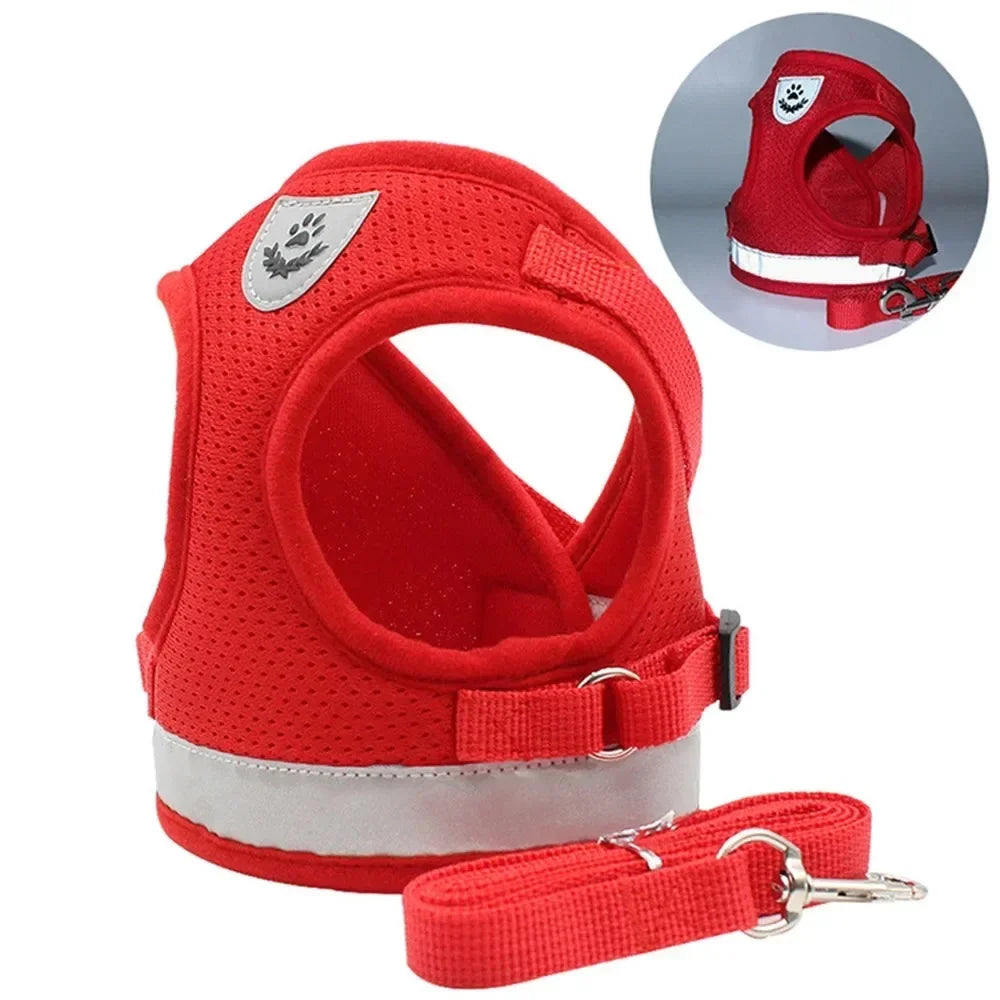 Reflective cat harness in red with reflective strip and attached leash