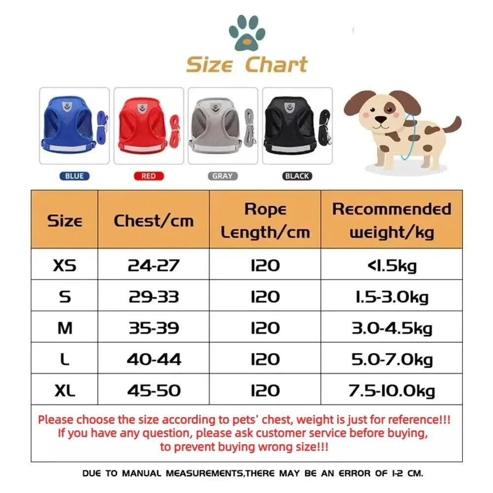 Size chart for reflective cat harness and leash set: blue, red, grey, black