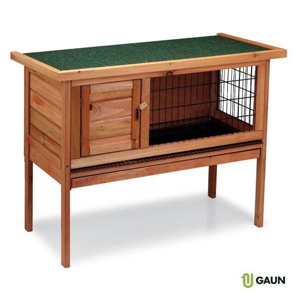 Wooden outdoor rabbit hutch with front wire mesh and single door, raised legs