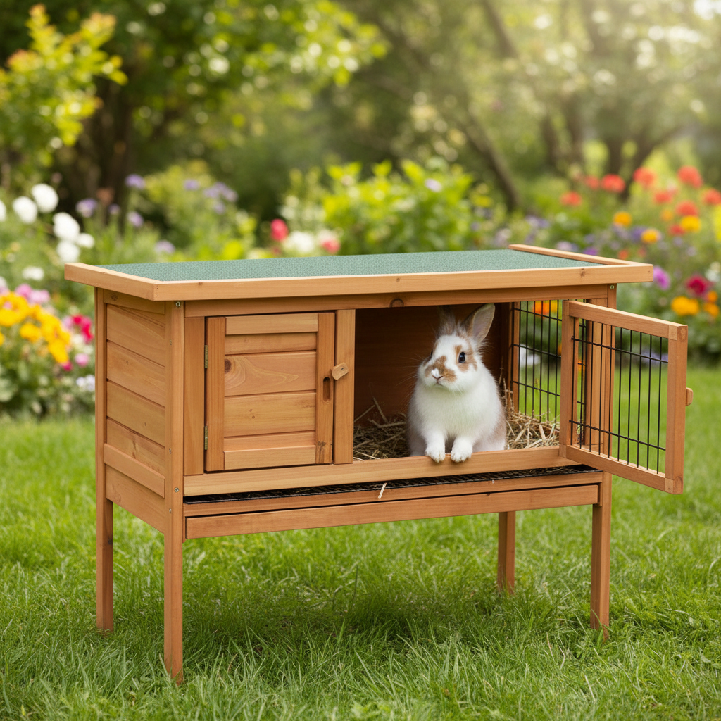 Raised wooden rabbit hutch with green roof, front door, and side wire pen