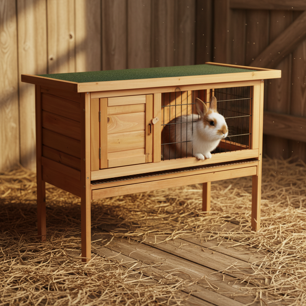 Wooden rabbit hutch with green roof, closed front door, and wire enclosure