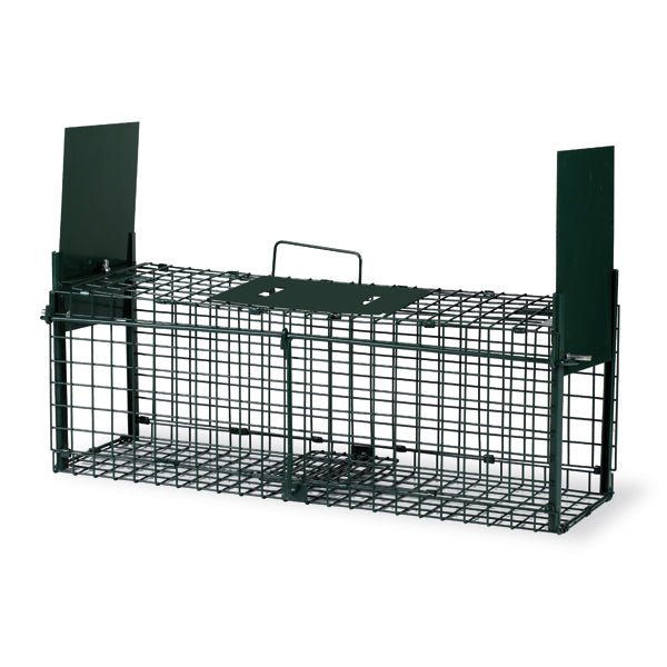 Green foldable two-door live animal cage trap with wire mesh and hinged entry gates