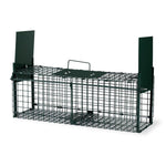 Green foldable two-door live animal cage trap with wire mesh and hinged entry gates
