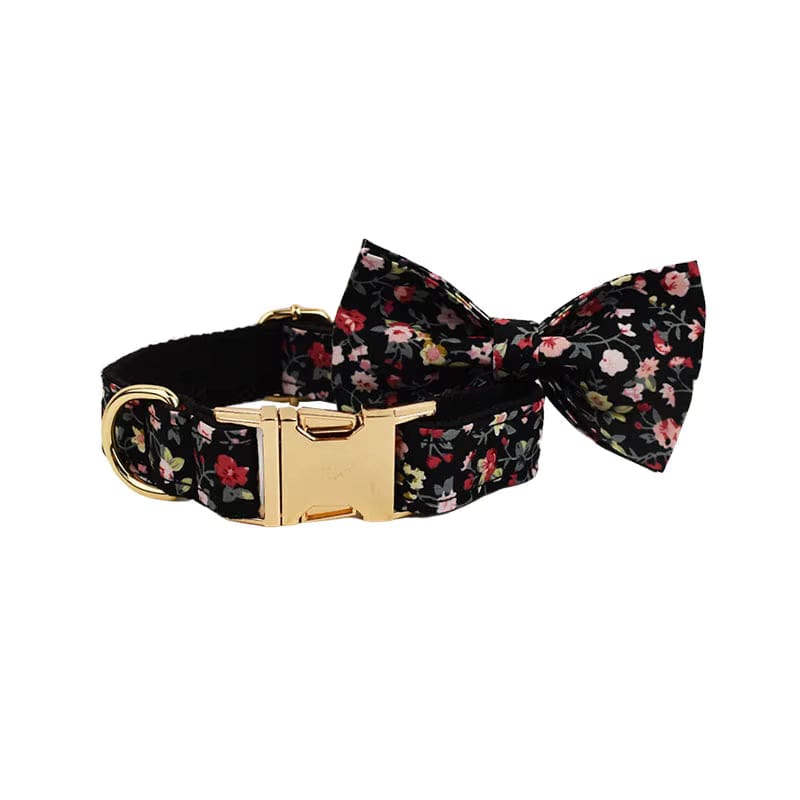 Floral pet bowtie collar with gold buckle and leash ring