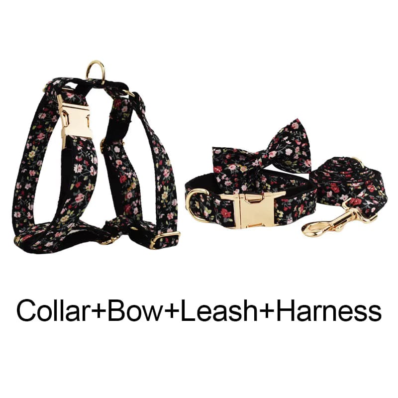 Floral pet collar with bowtie, harness, and leash set with gold hardware