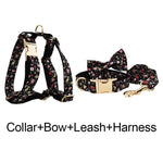 Floral pet collar with bowtie, harness, and leash set with gold hardware