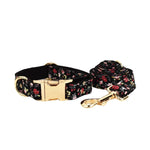 Floral pet collar with gold buckle plus matching leash and metal clip