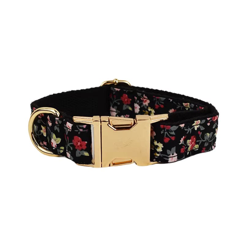 Floral pet collar with gold buckle and leash ring hardware