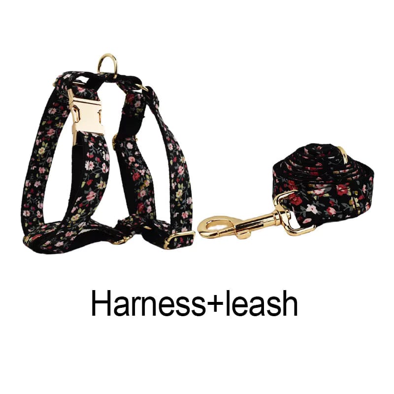 Floral pet harness and matching leash set with gold buckles and clips
