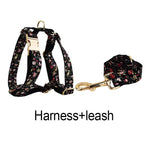 Floral pet harness and matching leash set with gold buckles and clips