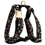 Floral pet harness with gold buckles and back D-ring