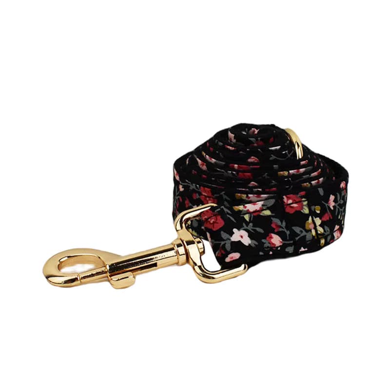Floral pet leash with gold metal clasp and swivel hardware