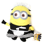 Yellow Minion plush with lace-trim black outfit and white bow at the neck.