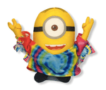 Yellow Minion plush in rainbow tie-dye shirt with pink sleeves and red cuff accents.