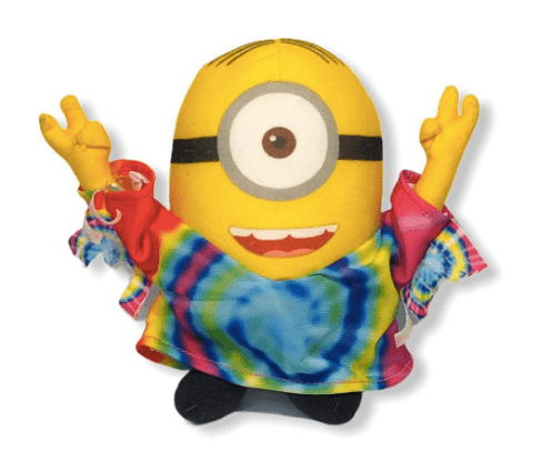 Yellow Minion plush in rainbow tie-dye shirt with pink sleeves and red cuff accents.