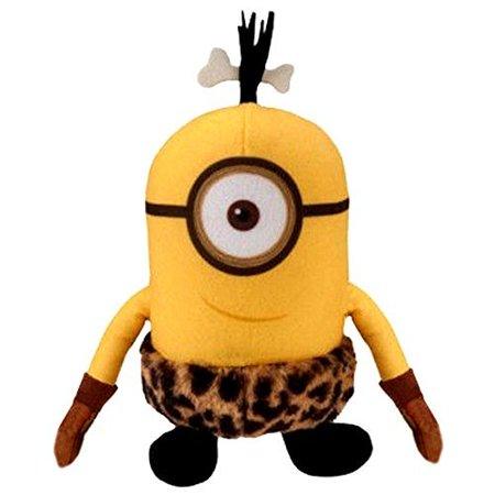 Yellow minion plush with brown leopard-print shorts, single eye goggle, and outstretched arms