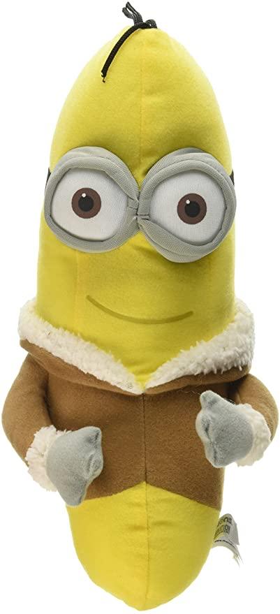 Yellow banana-shaped Minion plush with gray goggles and tan outfit with soft feet.