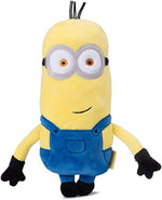 Yellow Minion plush with round gray goggles and blue overalls, standing with arms down.