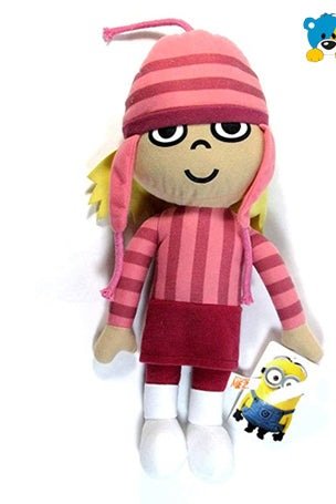 Pink striped hooded Minion plush with scarf-like outfit and small pouch