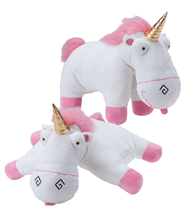 White and pink unicorn plush with gold horn, lying with a second unicorn plush