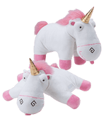 White and pink unicorn plush with gold horn, lying with a second unicorn plush