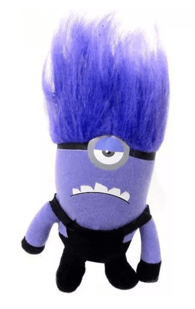 Purple Minion plush with a fluffy purple top, black belt, and round goggles.