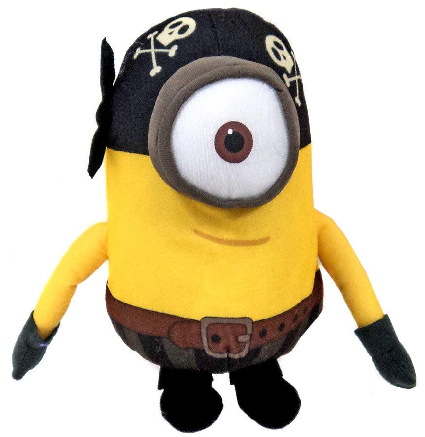 Black-and-yellow minion plush wearing a dark cap, goggles, and brown belt