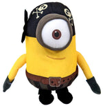 Black-and-yellow minion plush wearing a dark cap, goggles, and brown belt