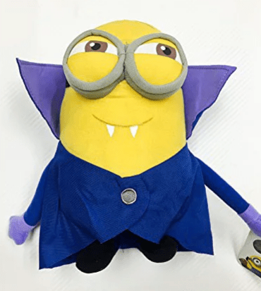 Blue-and-yellow Minion plush with gray goggles and cape-like fabric