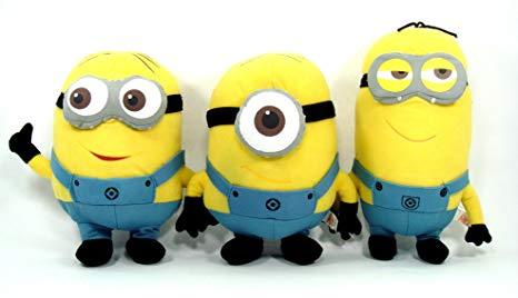 Set of three yellow Minion plush characters in blue overalls, black gloves and boots.